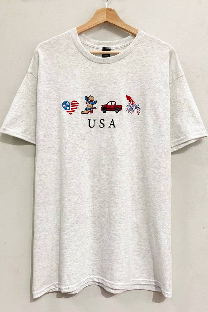 Patriotic Embroidered USA Fireworks Grey T-Shirt: Grey