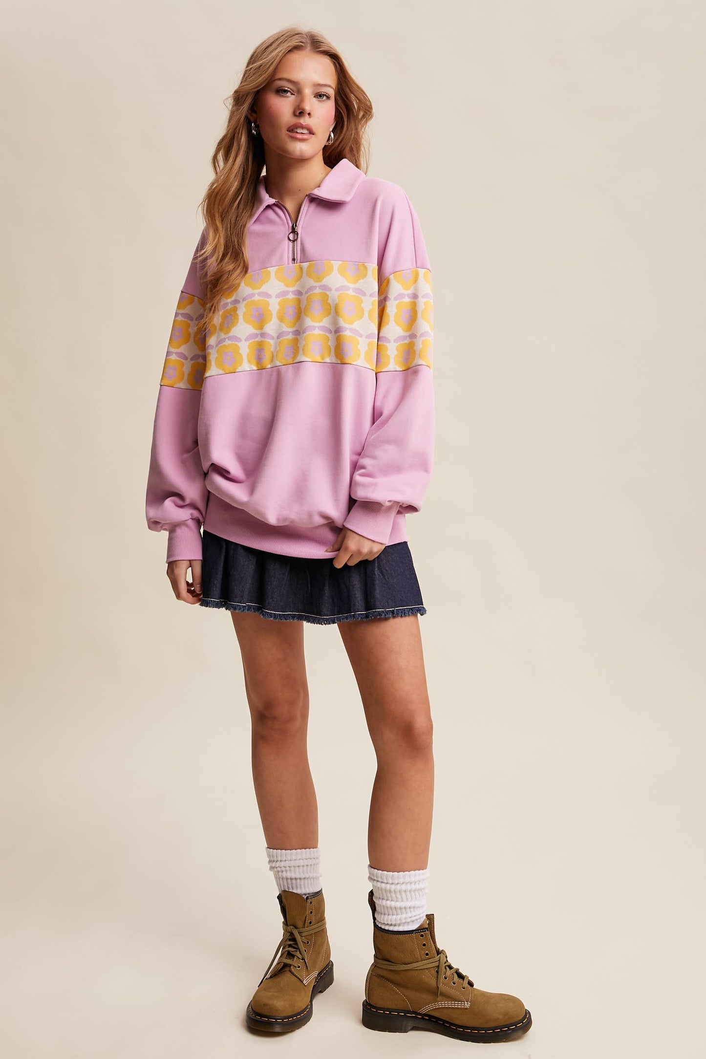 Retro Flower Panel Half-Zip Pullover : Navy