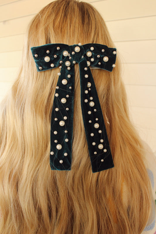 Pearl Throwed Velvet Bow Hair Clip: Forest Green