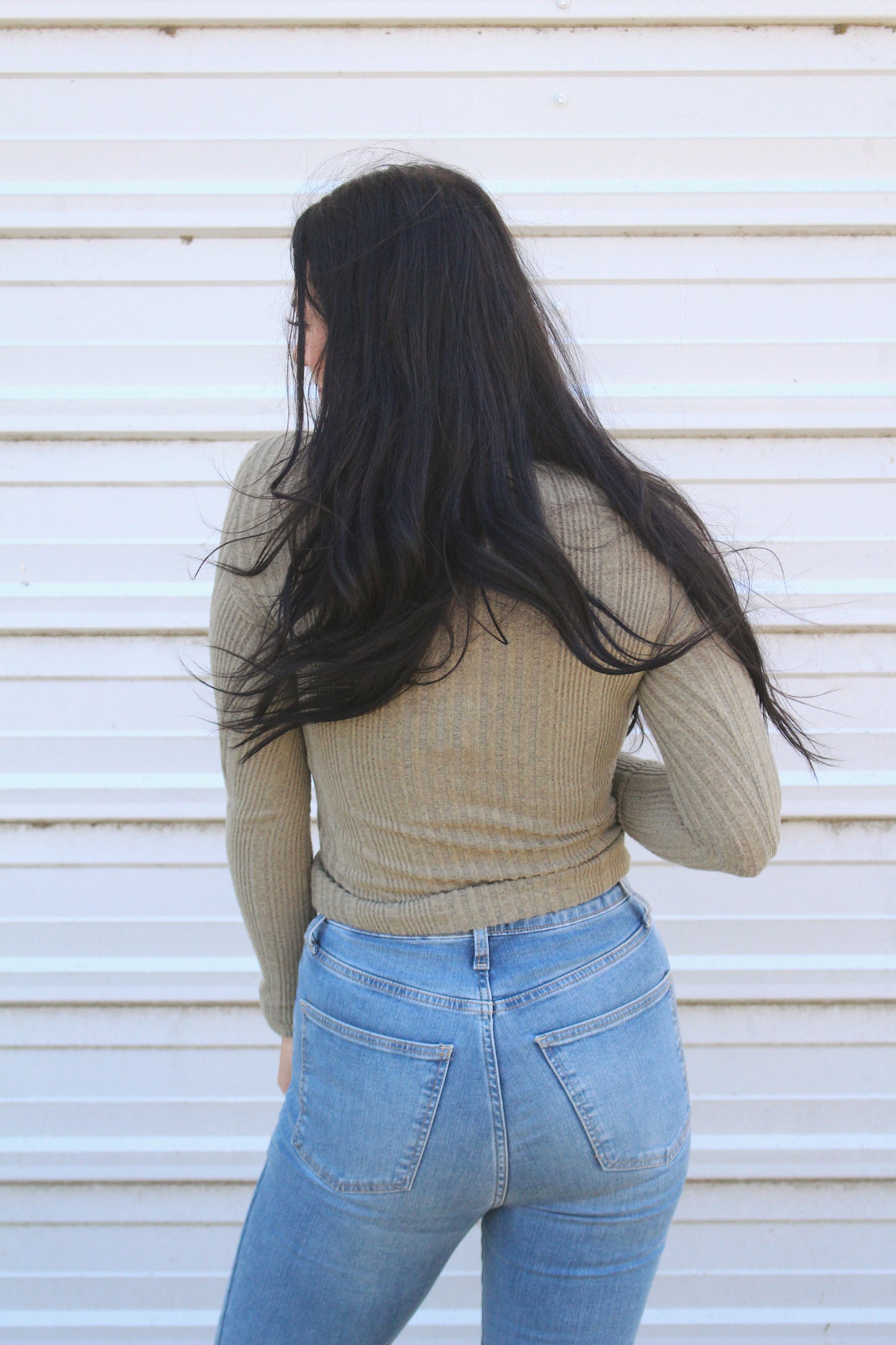 Green Ribbed Knit Half Button Blouse