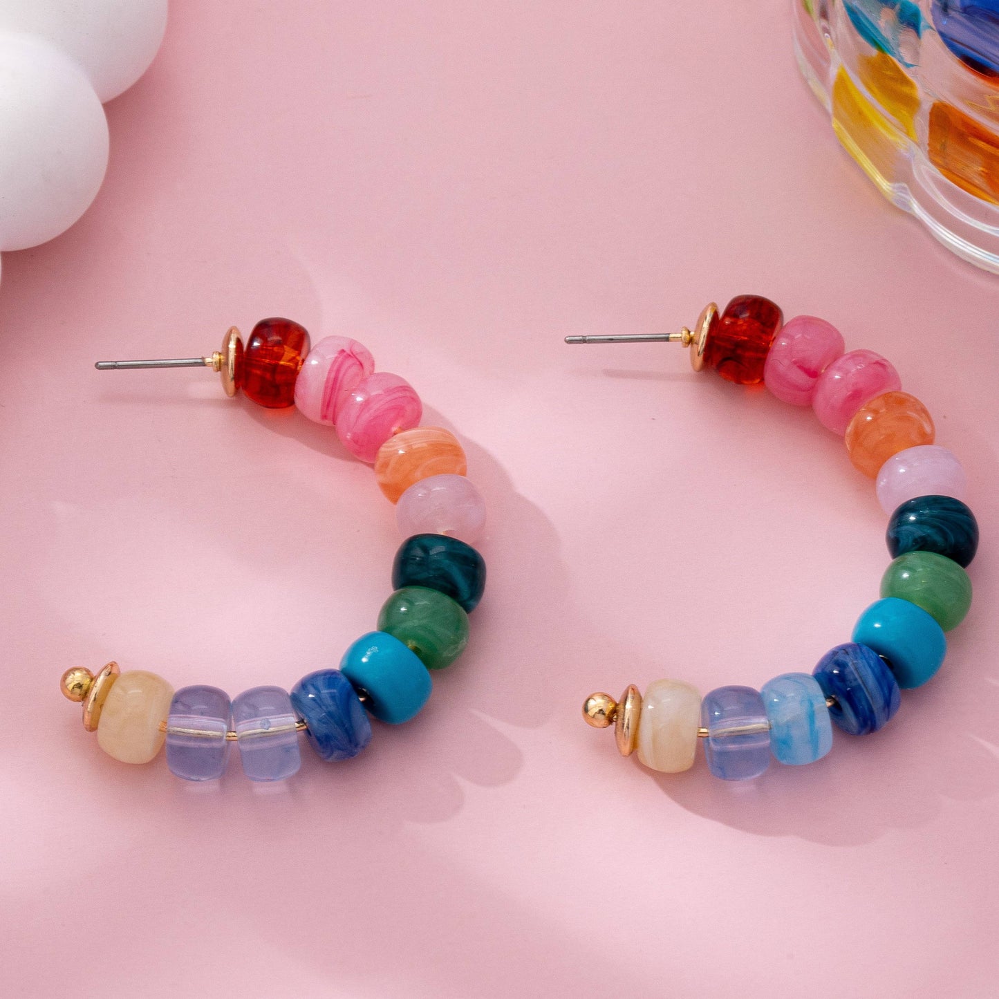 Rainbow Beaded Hoop Earrings : Multi