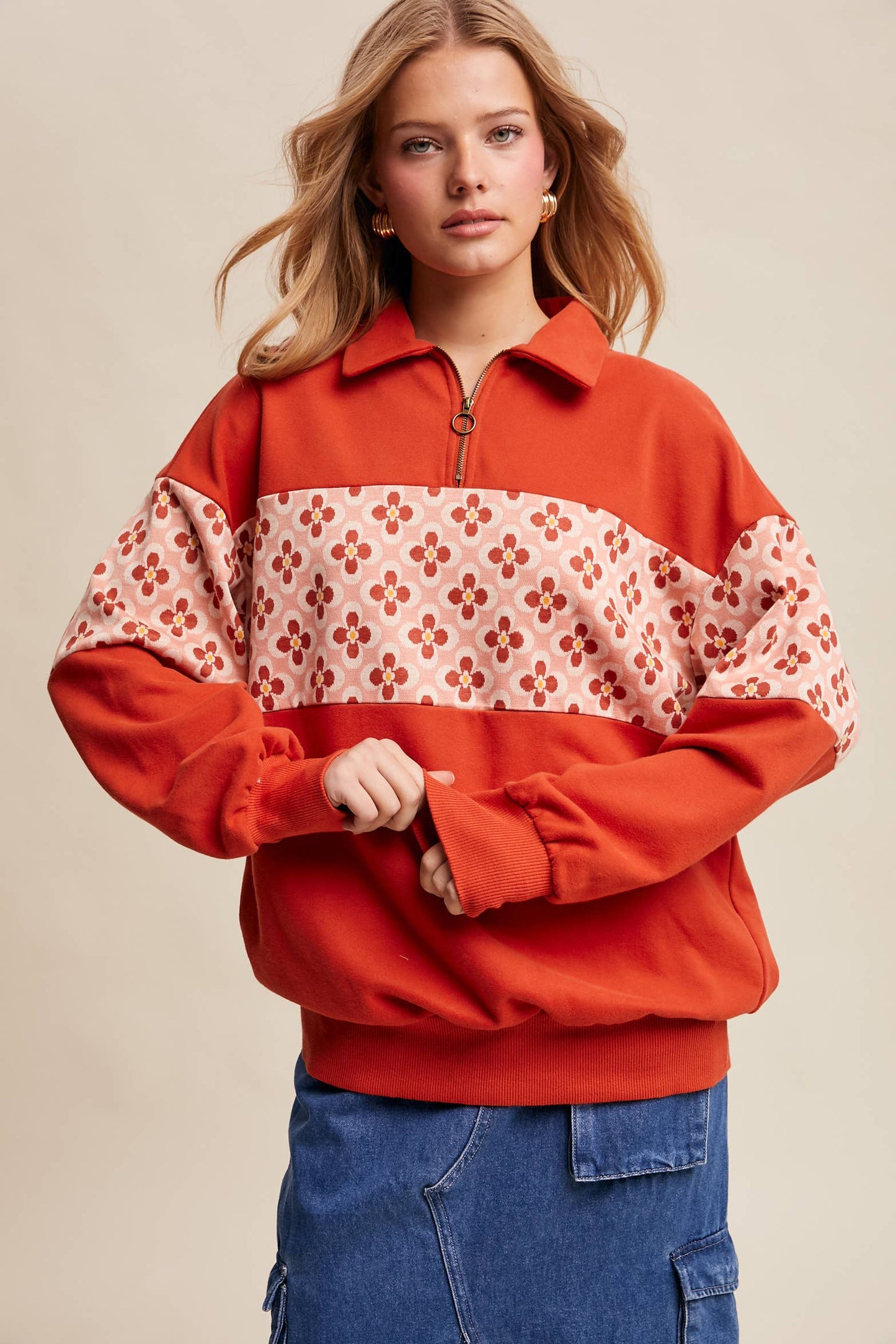Retro Flower Panel Half-Zip Pullover : Navy