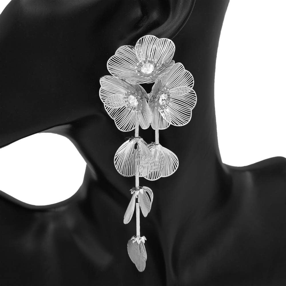 Bold Cutout Floral Cascade Statement Drop Earrings: Silver