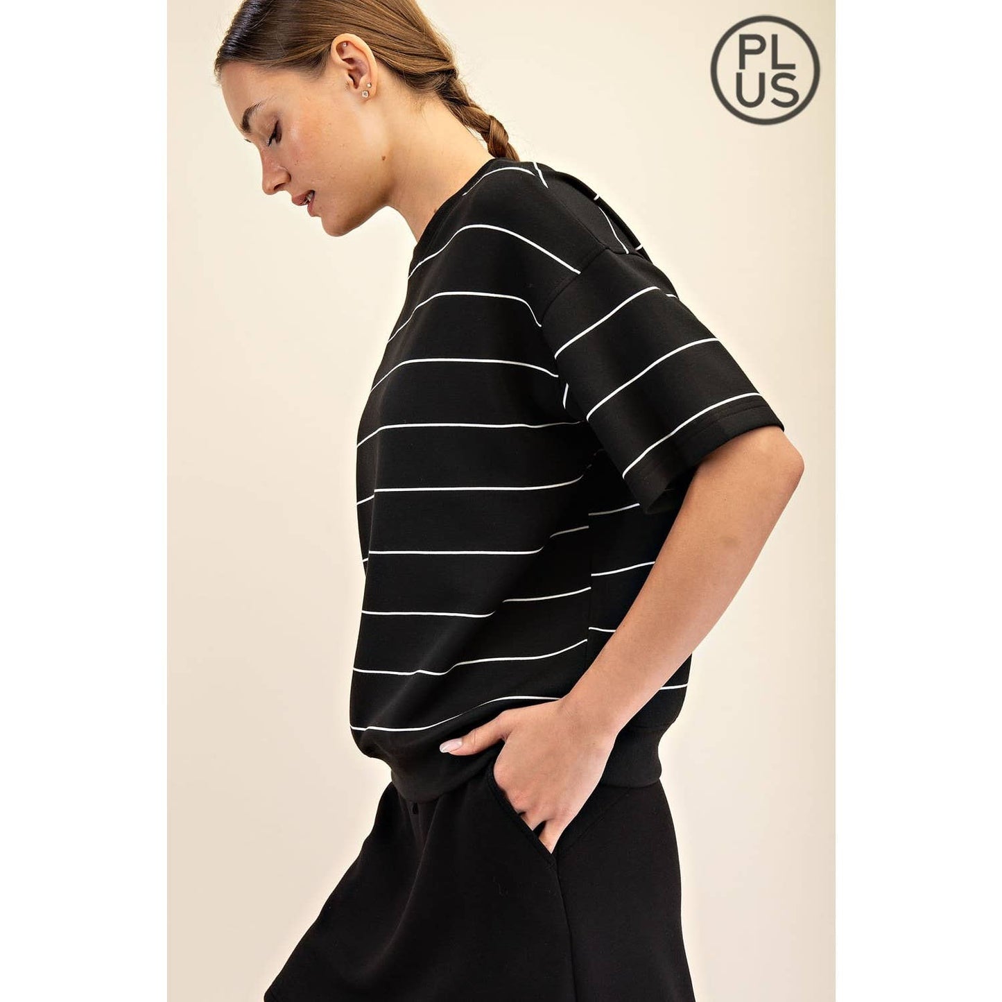 (Plus Size)  Modal Scuba Stripe Short Sleeve : Black/Cream