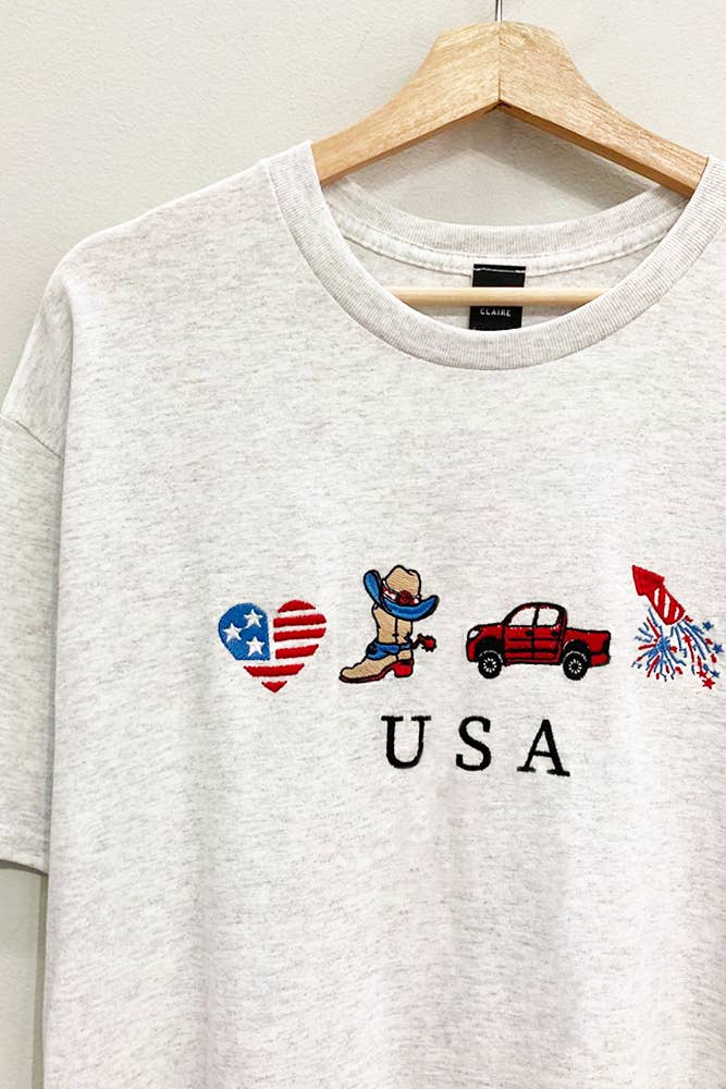 Patriotic Embroidered USA Fireworks Grey T-Shirt: Grey