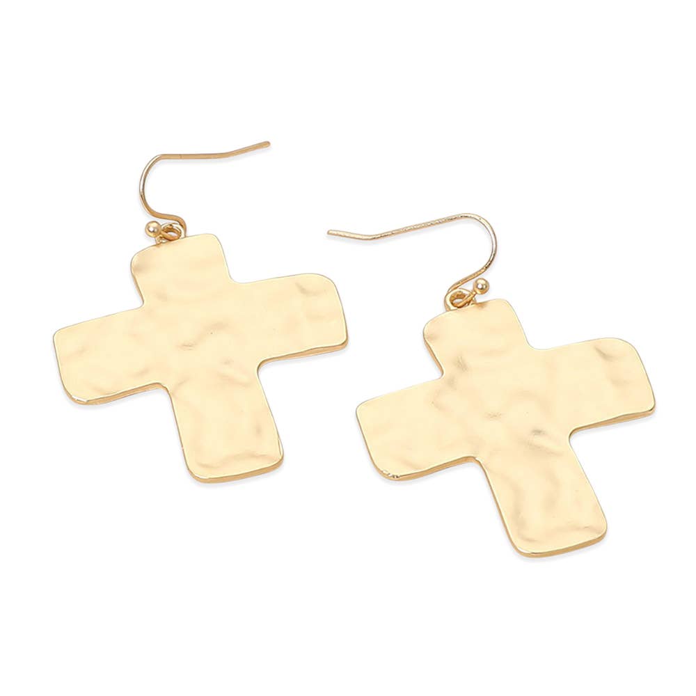 Hammered Metal Cross Dangle Earrings: Silver
