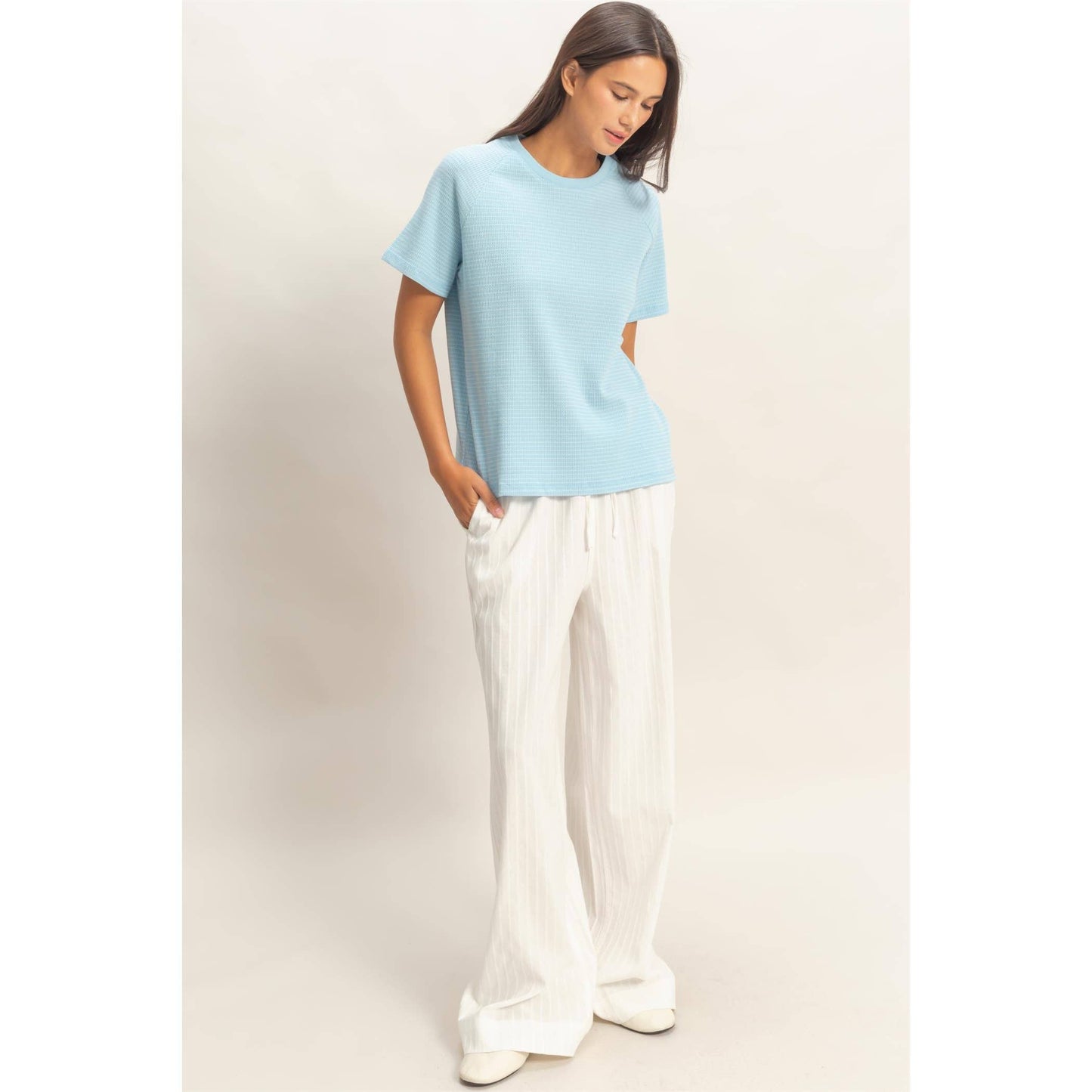 Textured Striped Sleeve Tee: Baby Blue