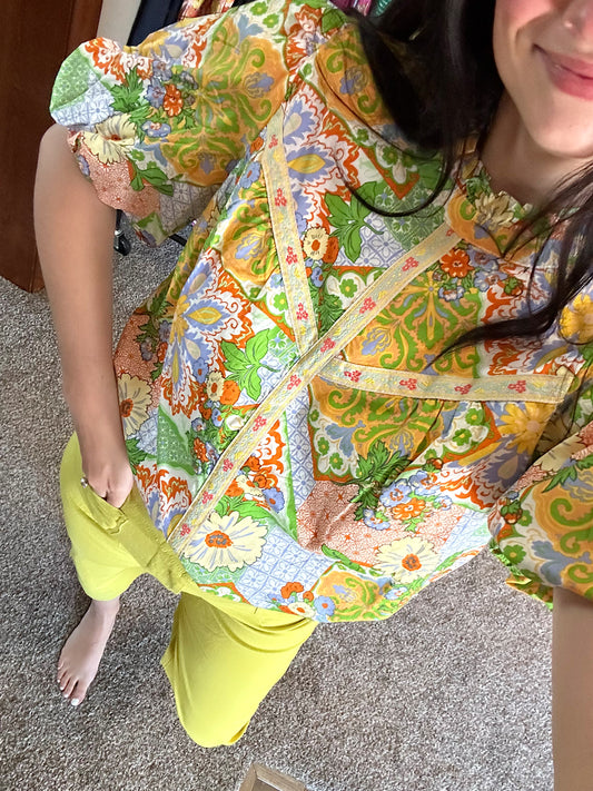 Floral Print Embroidery Trim Top  : Sage Multi Paisley