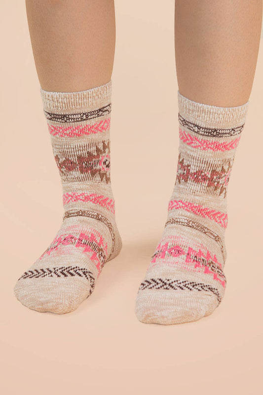 Aztec Graphic Cozy Crew Socks: Oatmeal
