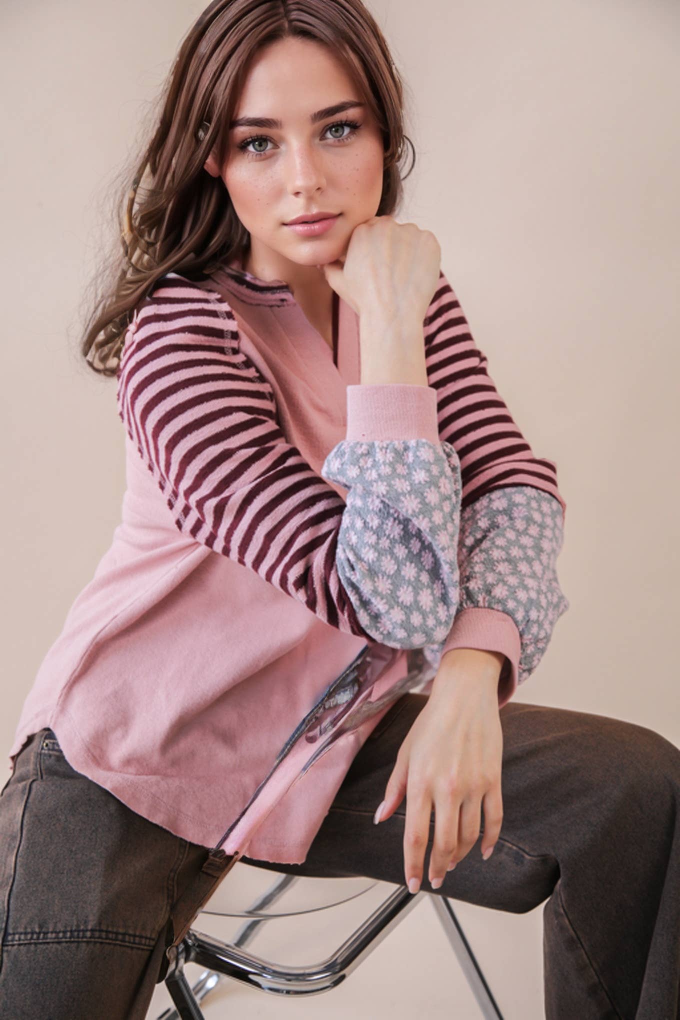 Oversized Floral & Stripe Casual Knit Top: Blush