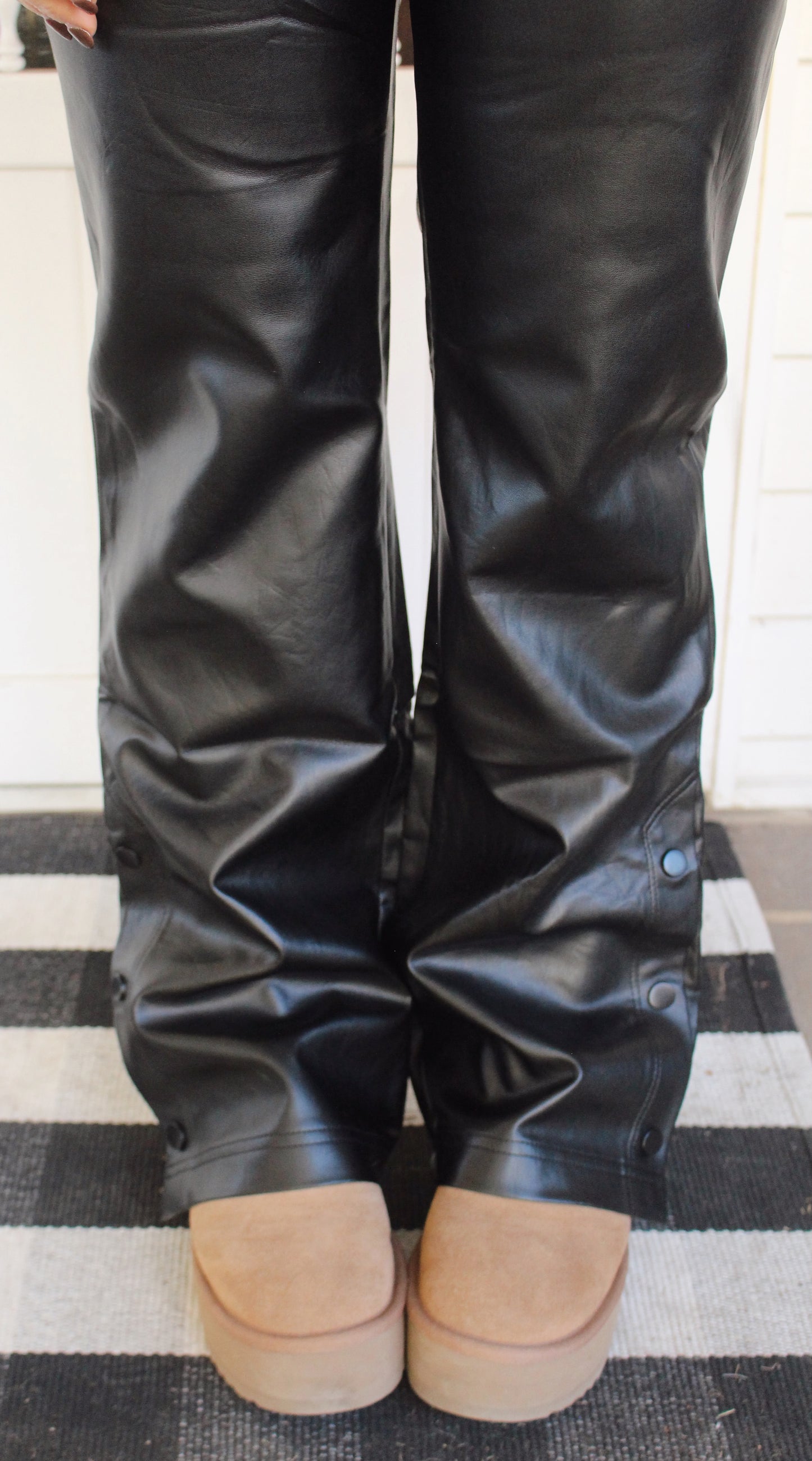 Faux Leather Elastic Waist Button Cuff Pants: Black