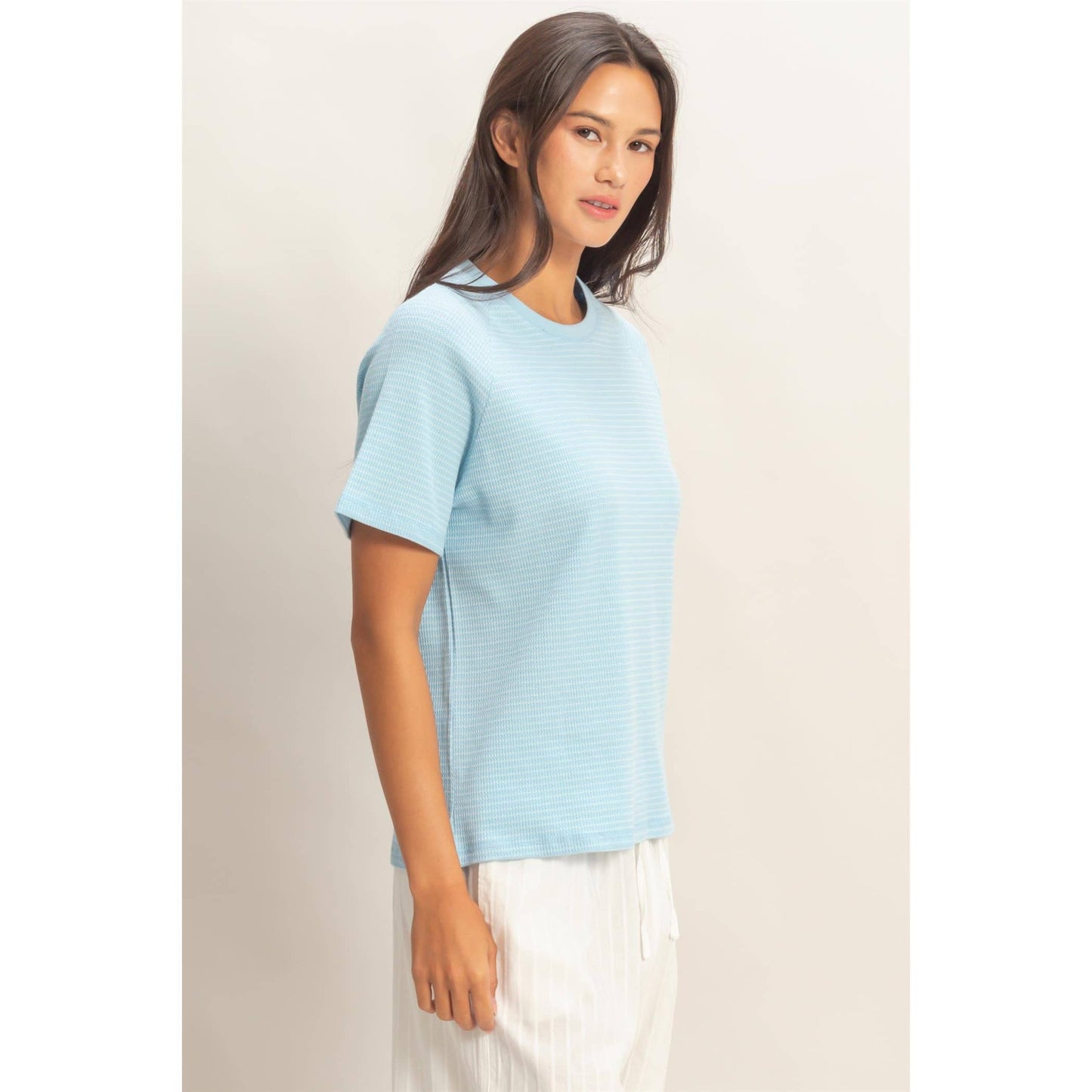 Textured Striped Sleeve Tee: Baby Blue