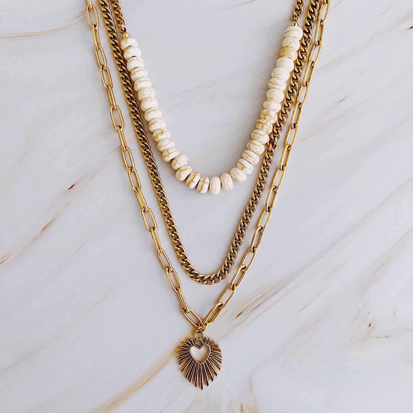 Resin Bead Golden Heart Layered Necklace: Gold