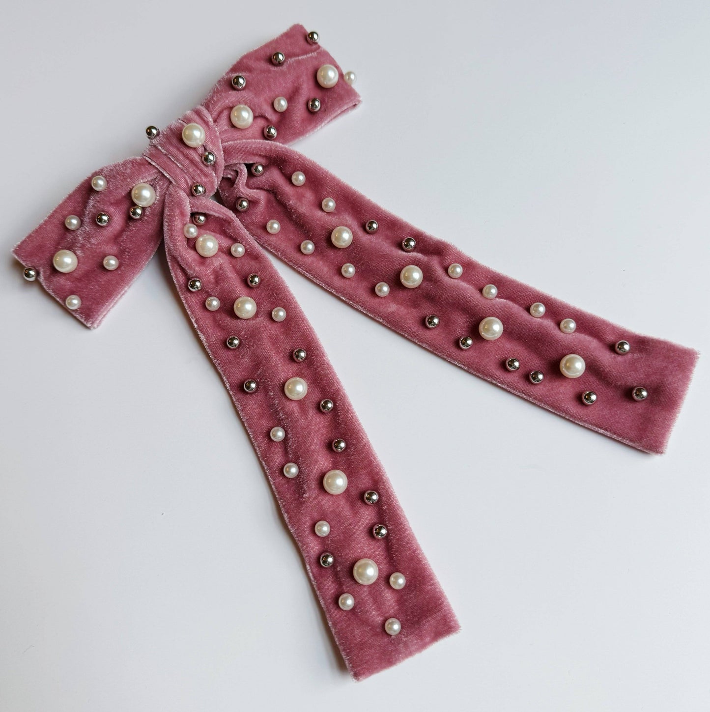 Pearl Throwed Velvet Bow Hair Clip: Mauve Pink