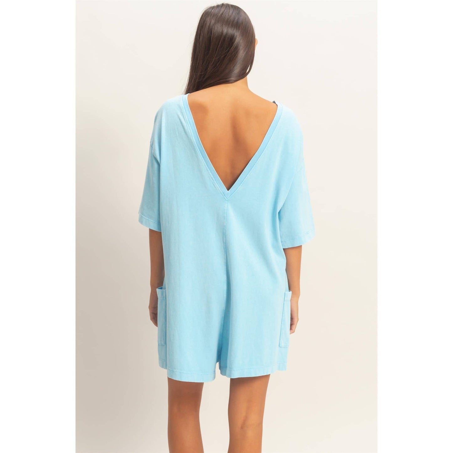 Mineral Washed V-Back Romper: Blue