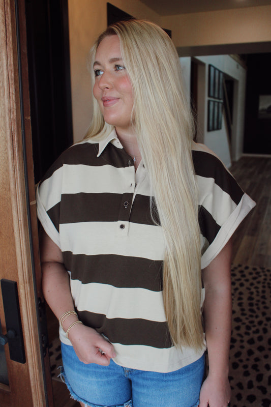 Wide Stripe Buttoned Collared Top