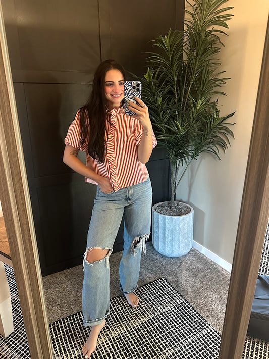 Striped Ruffled Button Down Top : Berry Red