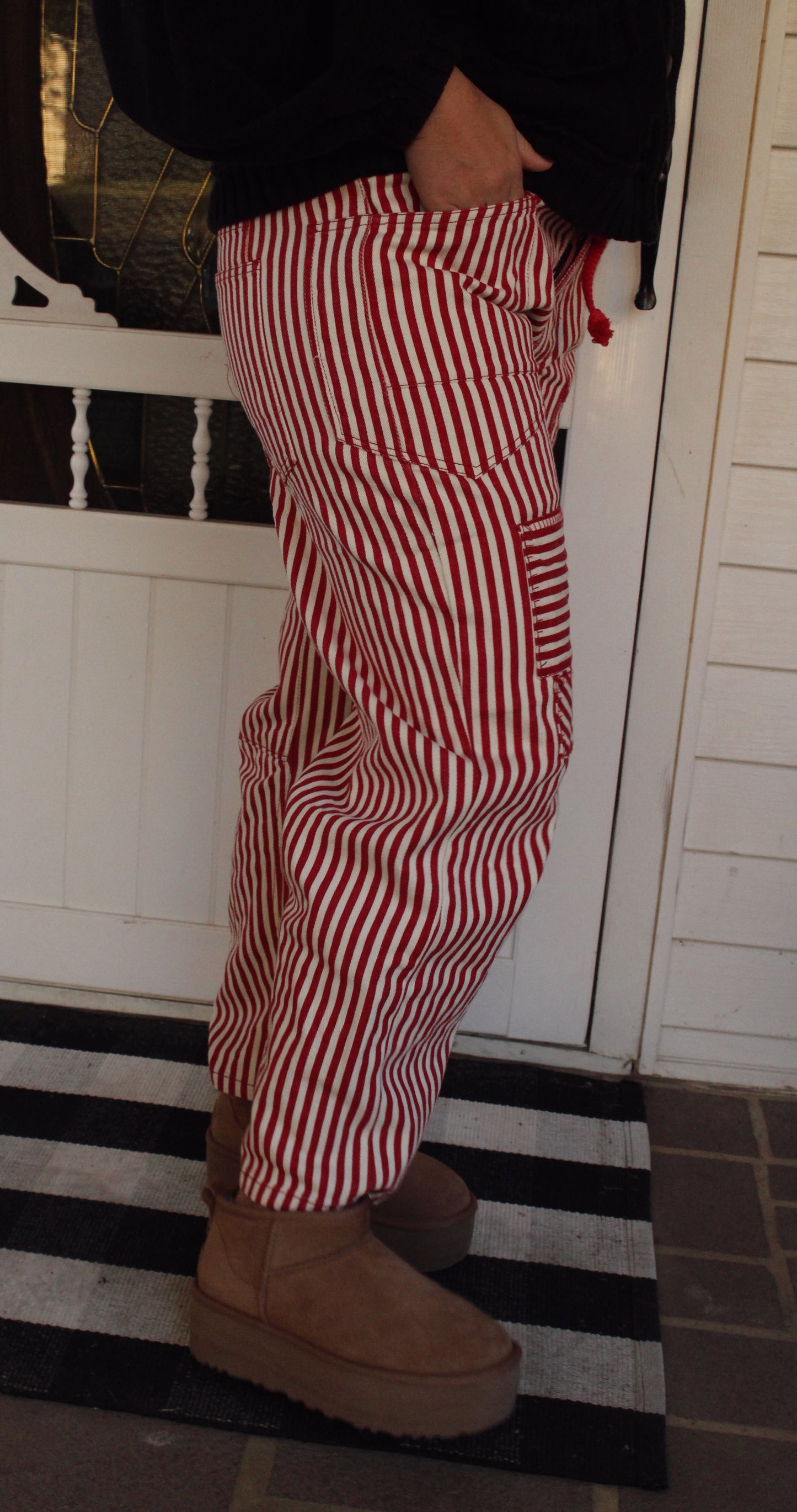Striped Twill Barrel Pants - Red