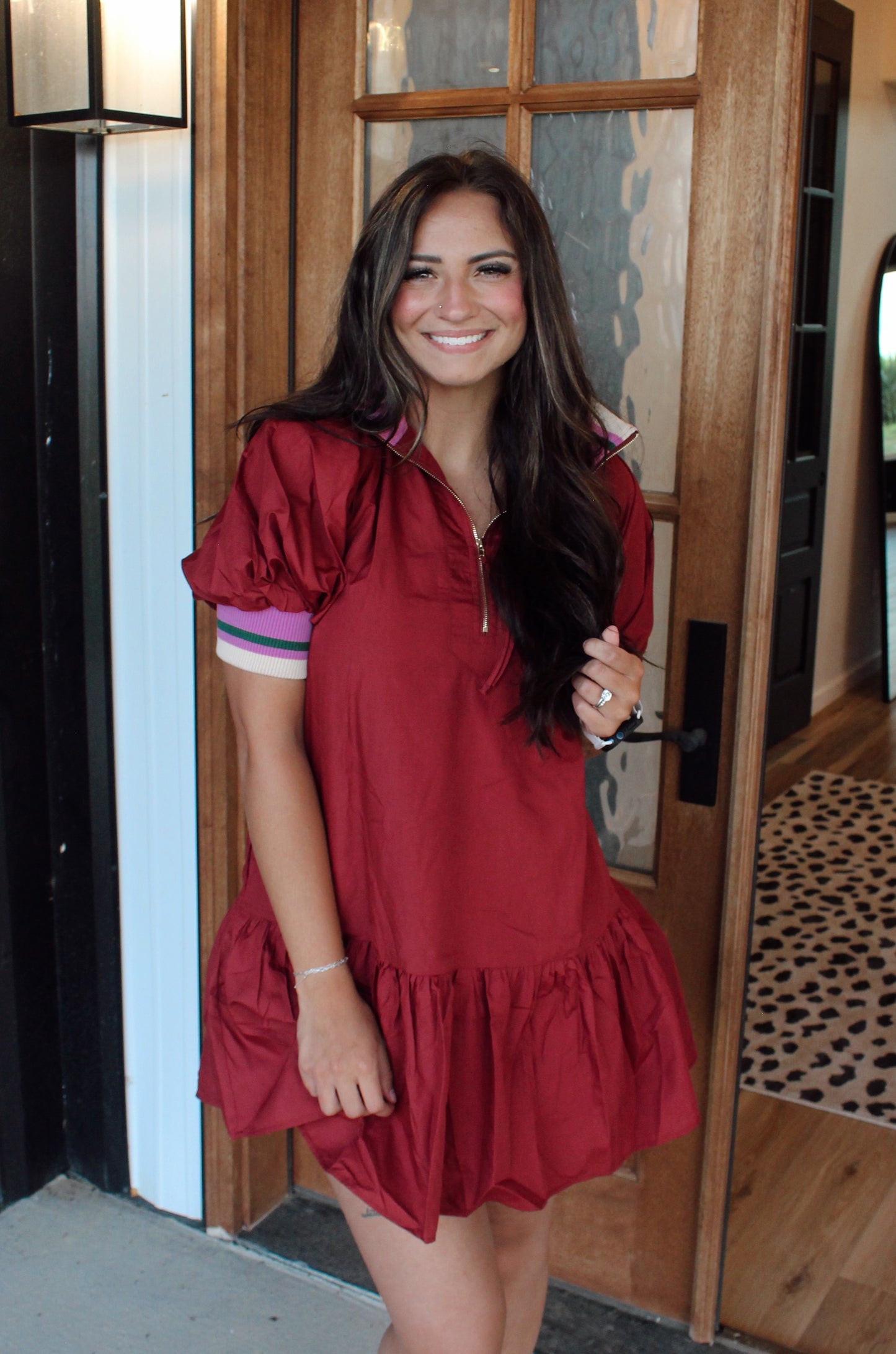Solid Puff Sleeve Ruffle Hem Mini Dress