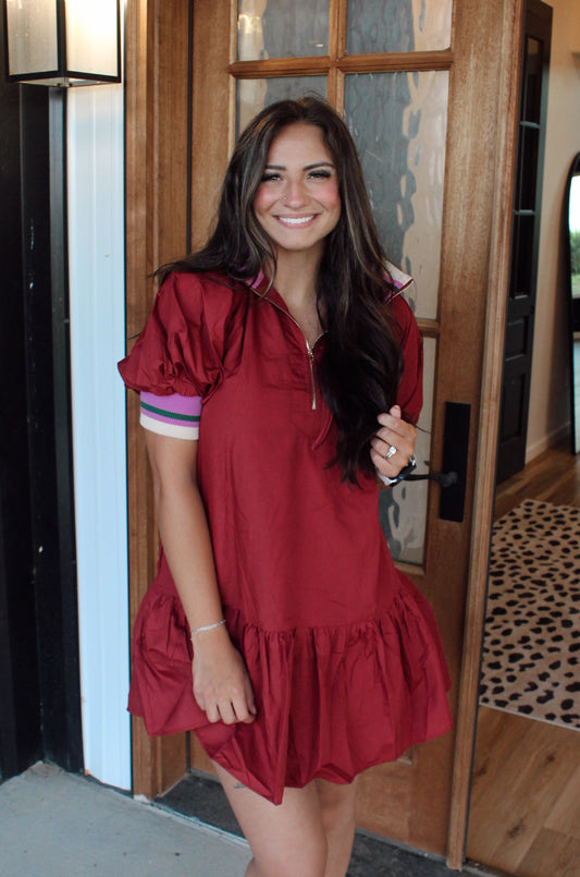Solid Puff Sleeve Ruffle Hem Mini Dress