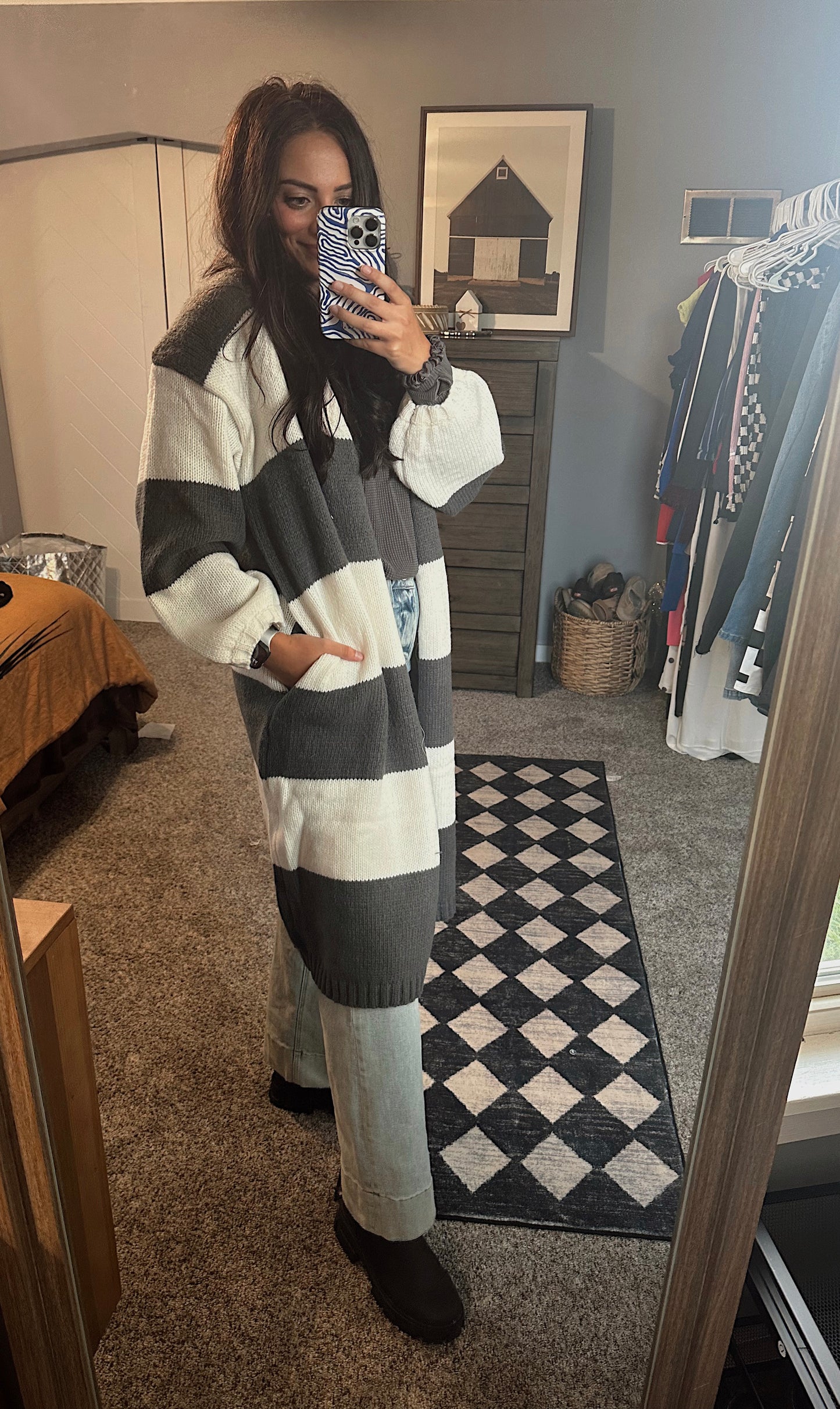 Striped Knit Open-Front Duster Pocket Cardigan: Charcoal-Off White
