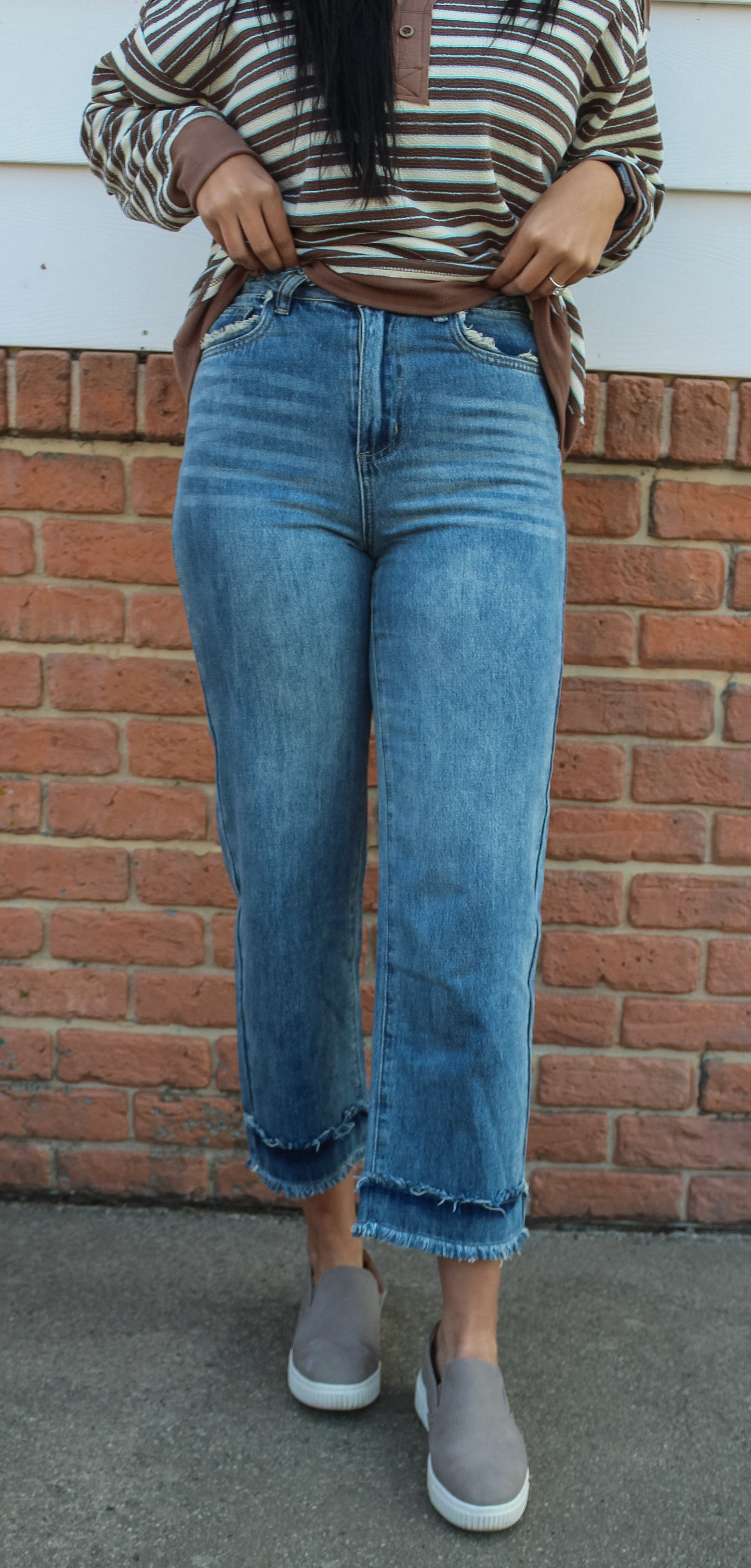 High Rise Distressed Denim Jeans with Frayed Edge