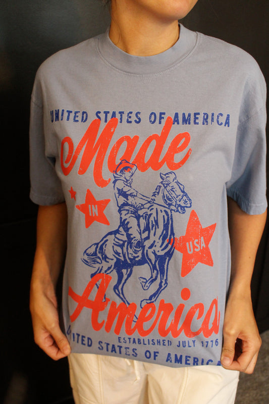 Made In America, USA Western Boxy Cotton Tee : Clear Blue