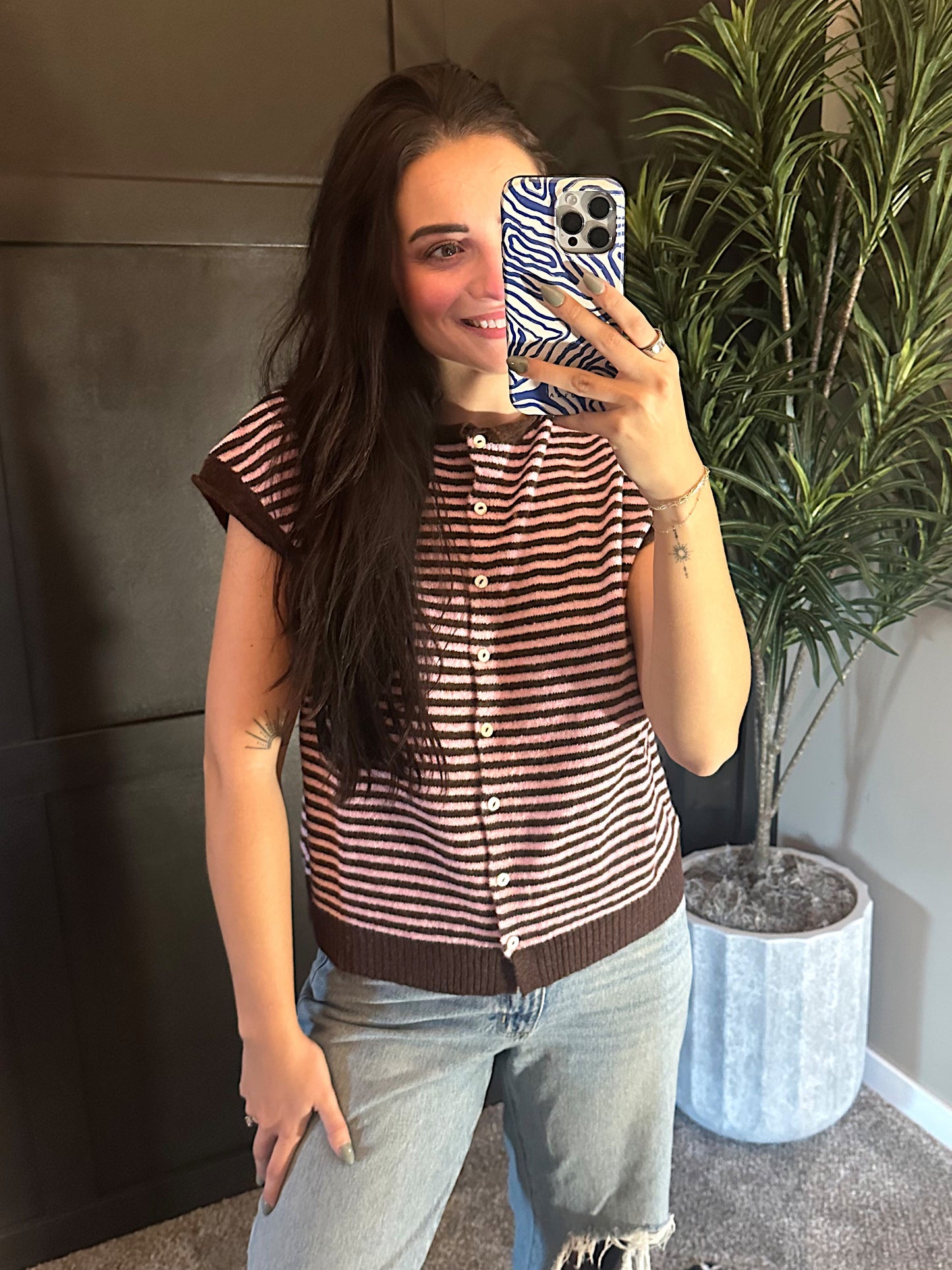 Striped Piper Vest Cardigan - Mini Stripe: Dark Wine