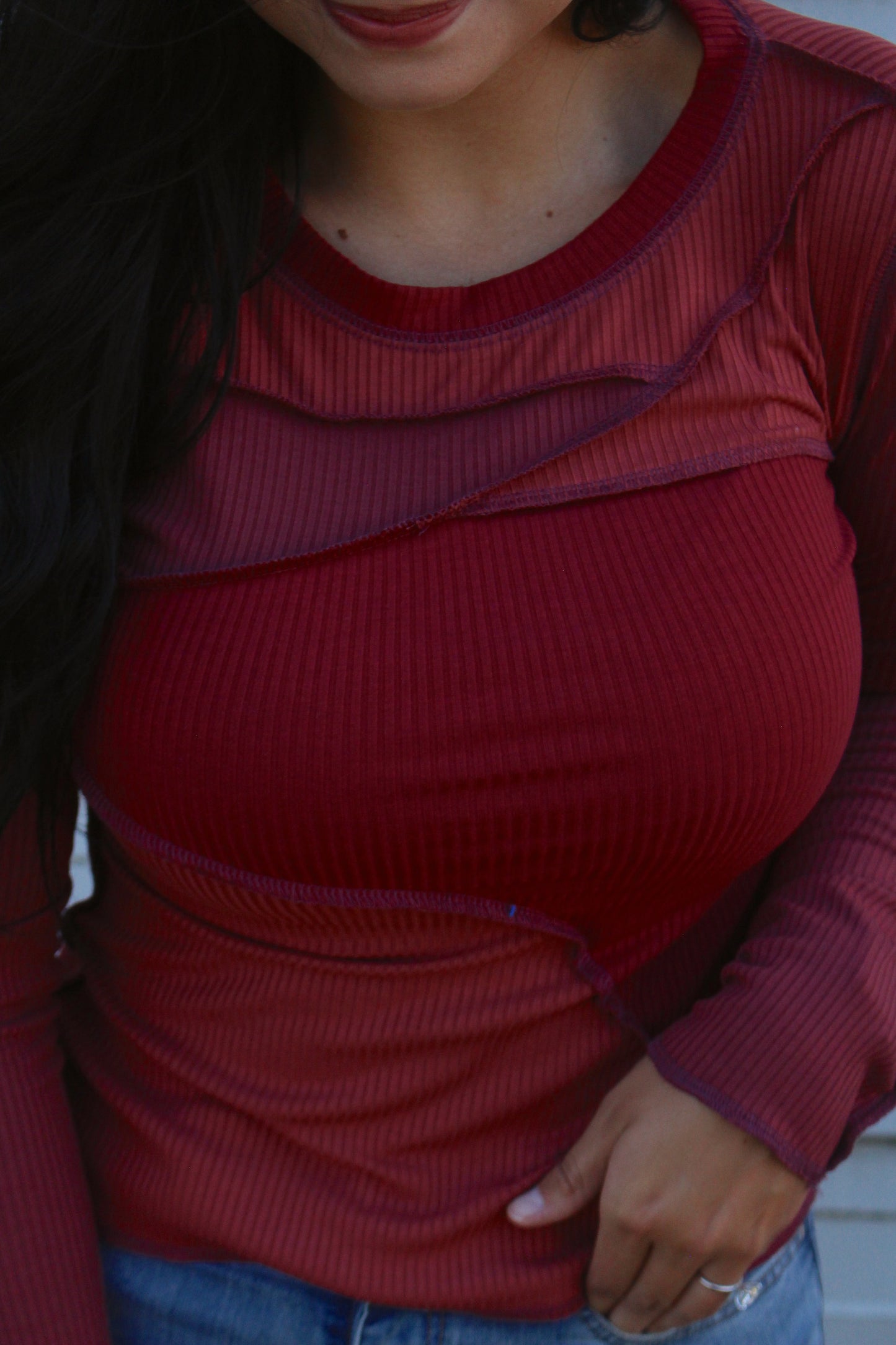 Red Color Block Ribbed Long Sleeve