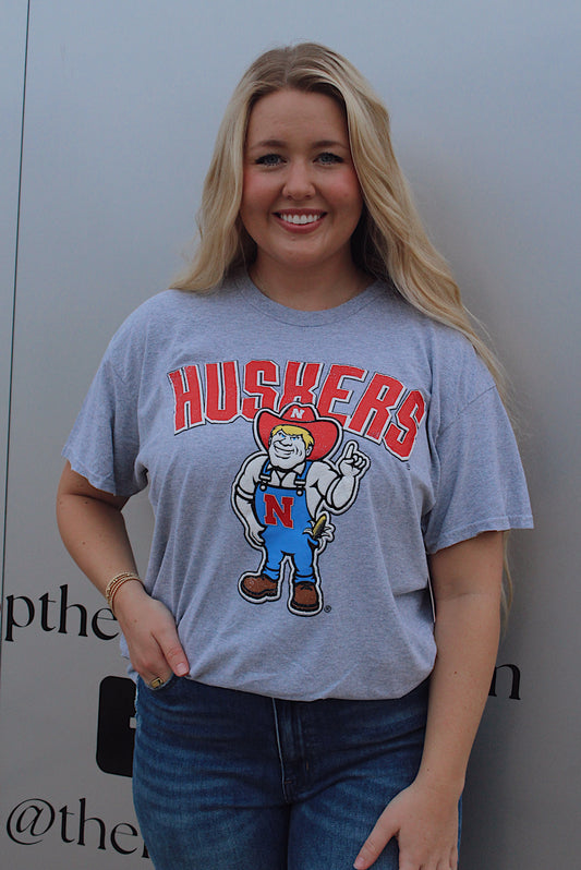 Nebraska Huskers Cartoon Mascot Gray Thrifted Tee