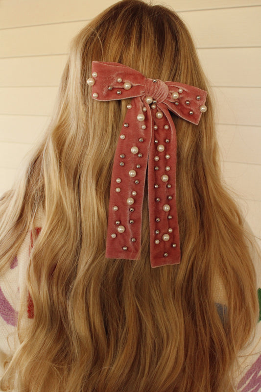 Pearl Throwed Velvet Bow Hair Clip: Mauve Pink