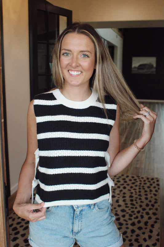 Textured Stripe Side Tied Vest Top (Black)