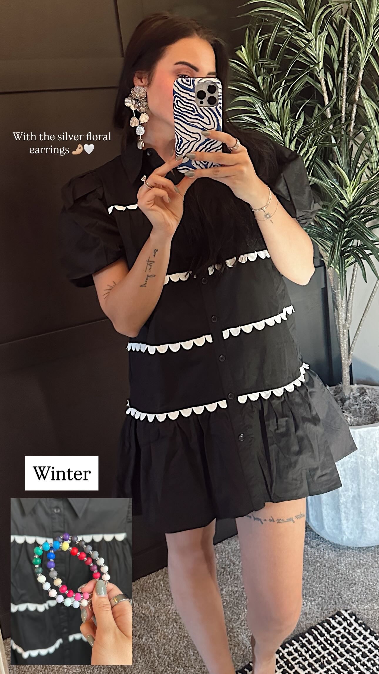 Sarah Scallop Detail Button Up Dress: Black