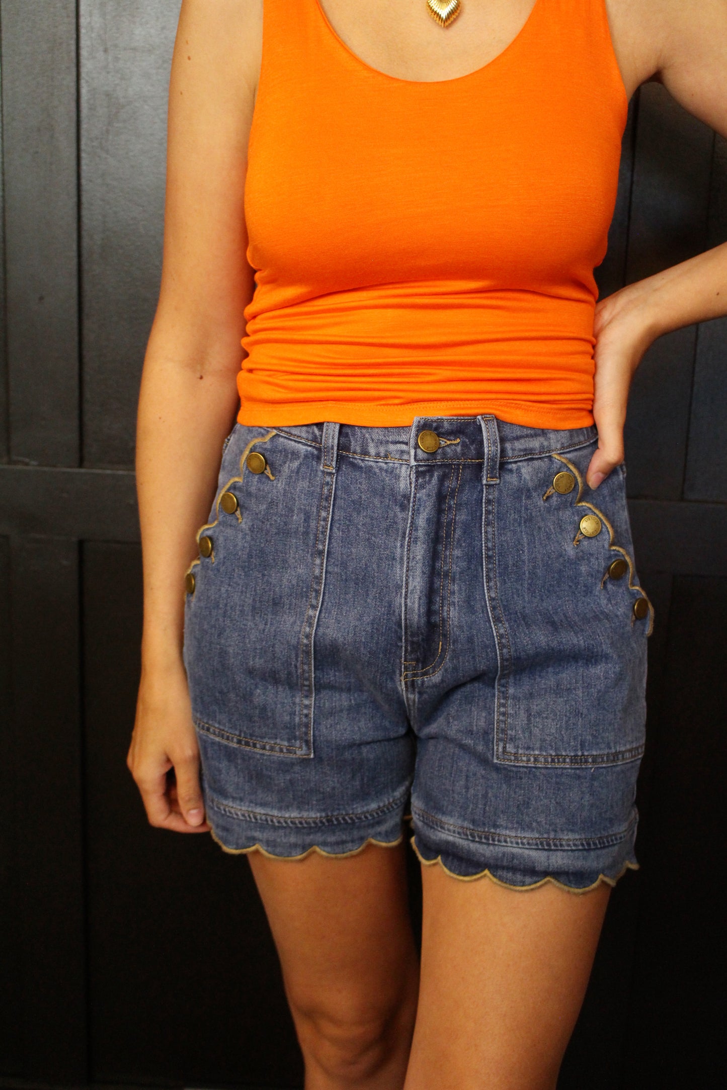 Scallop Button-Side Stretch Denim Shorts