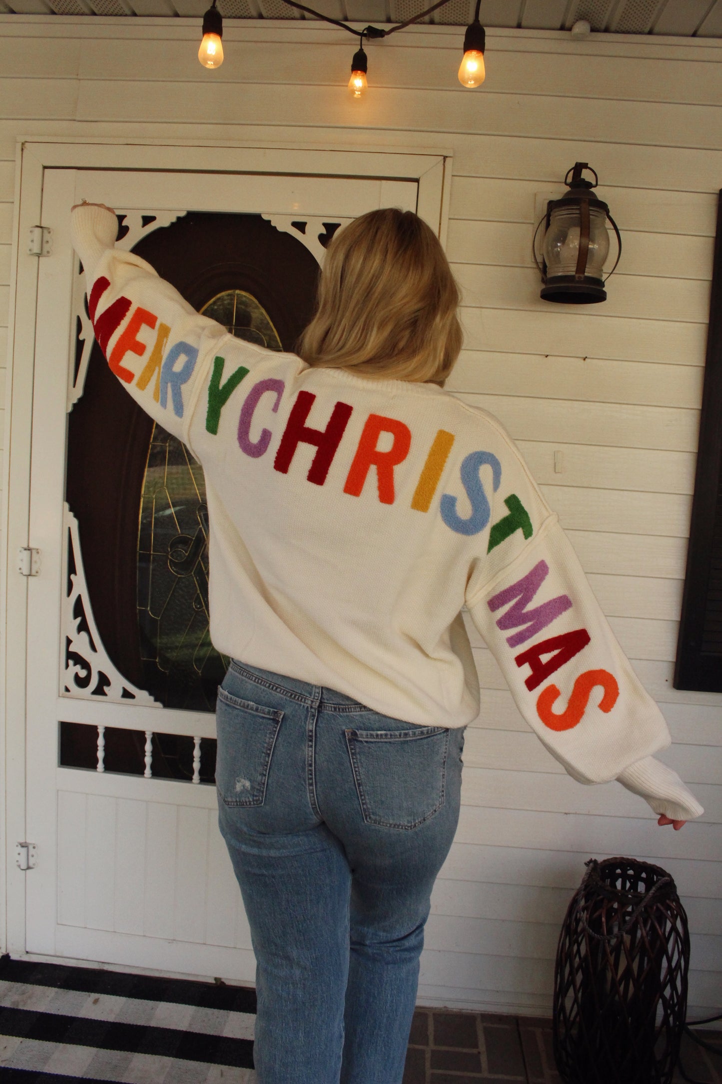 Oversize Christmas Sweater with Lettering: Ivory-Multi