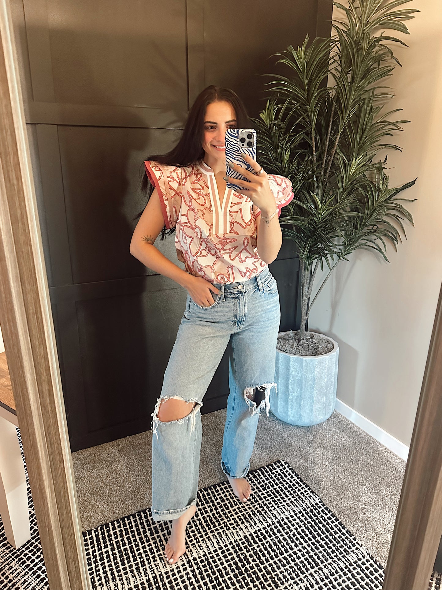 Abstract Print Flutter Sleeve Top - Pink