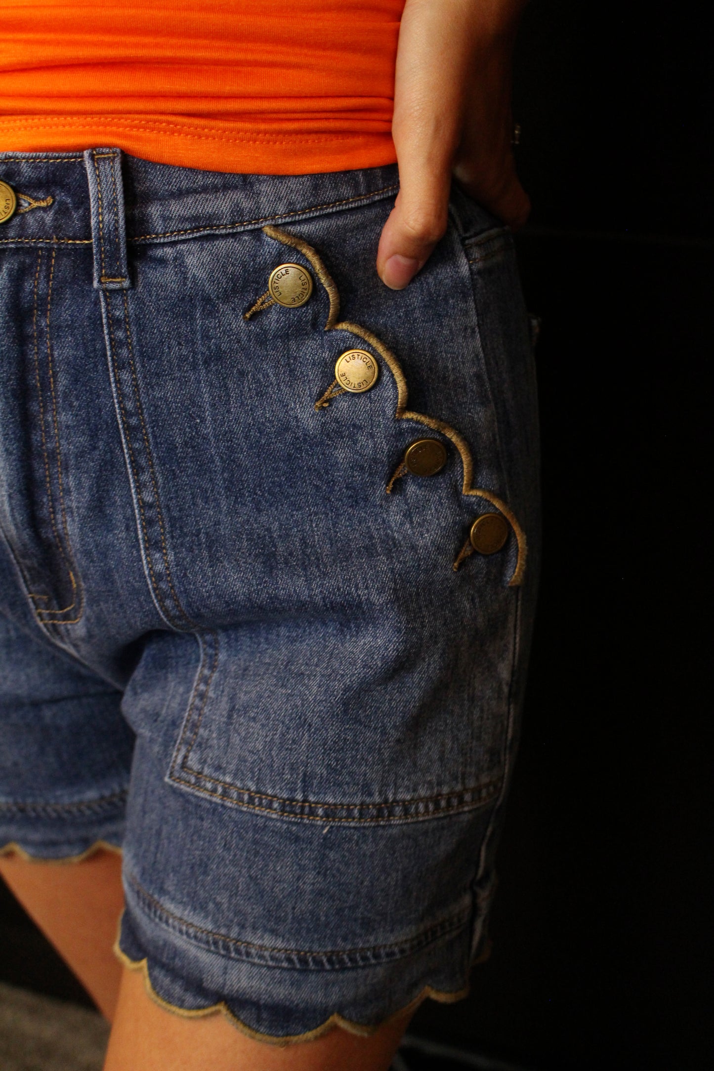 Scallop Button-Side Stretch Denim Shorts