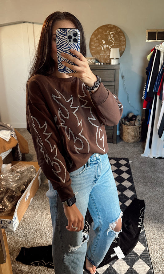 Western Boots Stitch Pullover Sweatshirt: Brown