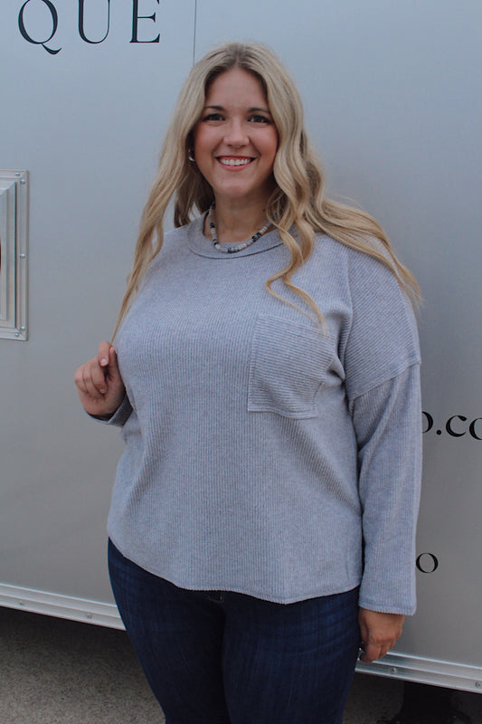Ribbed Brushed Sweater With Pocket- Heather Grey (PLUS SIZE)