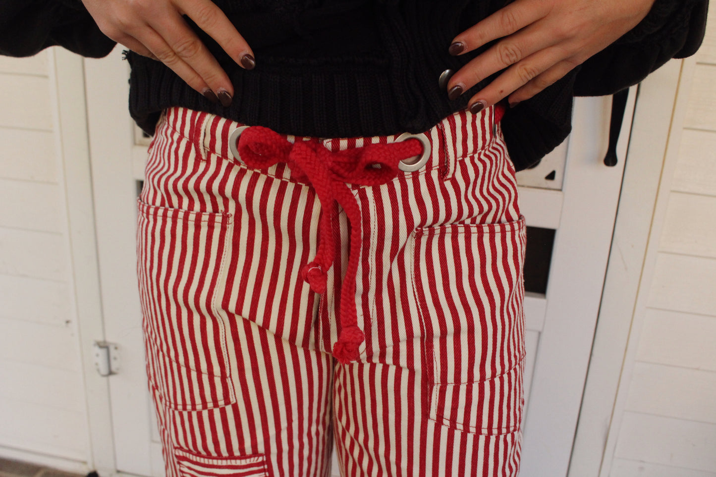 Striped Twill Barrel Pants - Red