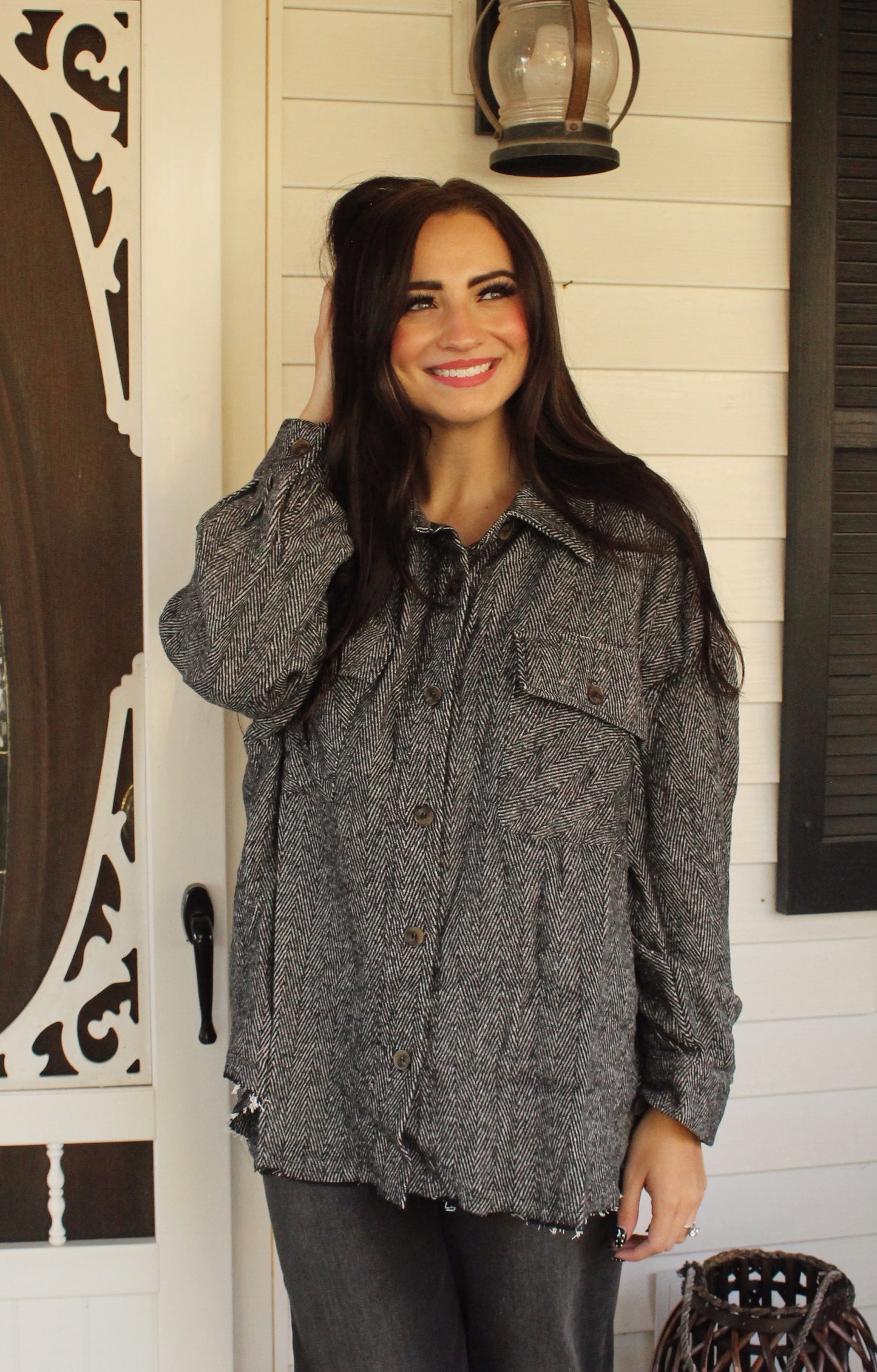 Black Long Sleeve Solid Woven Shacket: PLUS SIZE