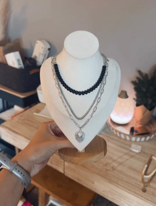 Resin Bead Golden Heart Layered Necklace: Silver