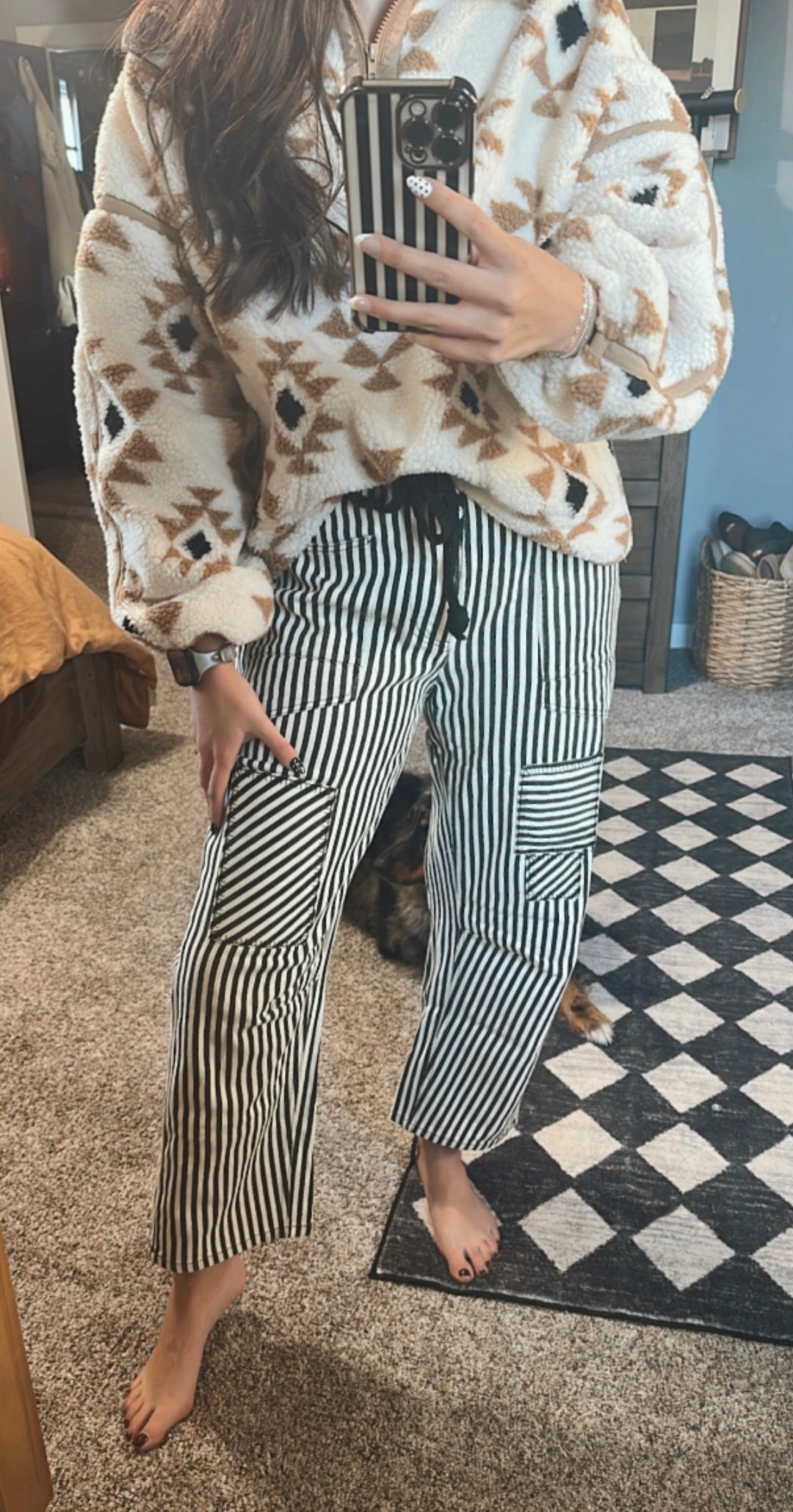 Striped Twill Barrel Pants - Black