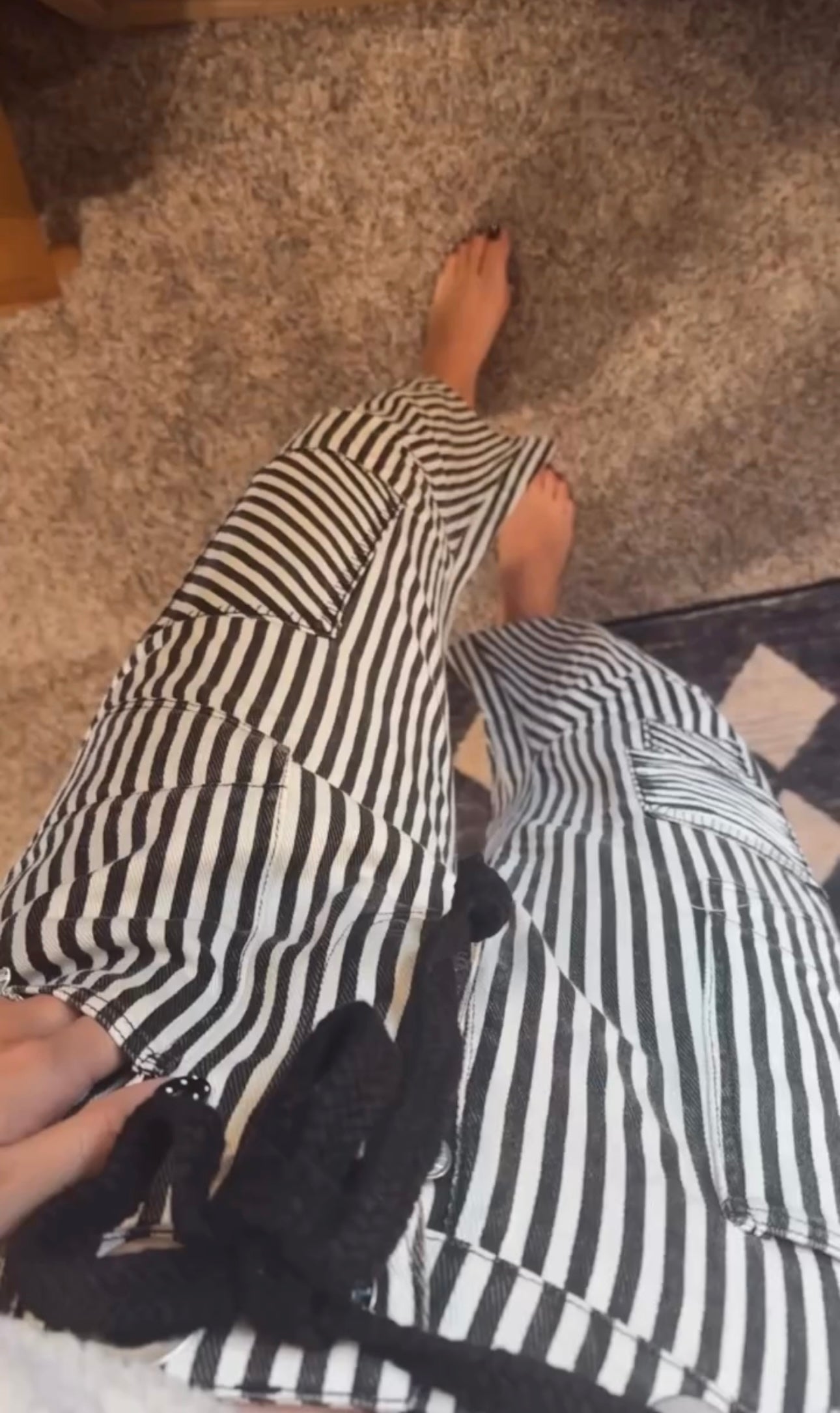 Striped Twill Barrel Pants - Black