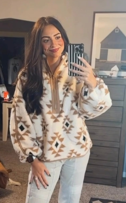 Geometric-Print Sherpa Fleece Half-Zip Pullover