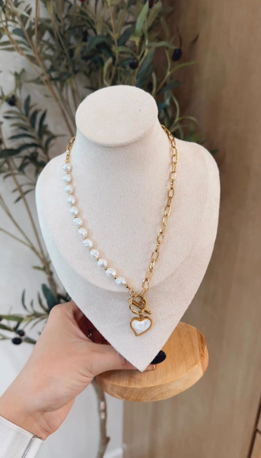 Pearl Paperclip Heart Pendant Necklace