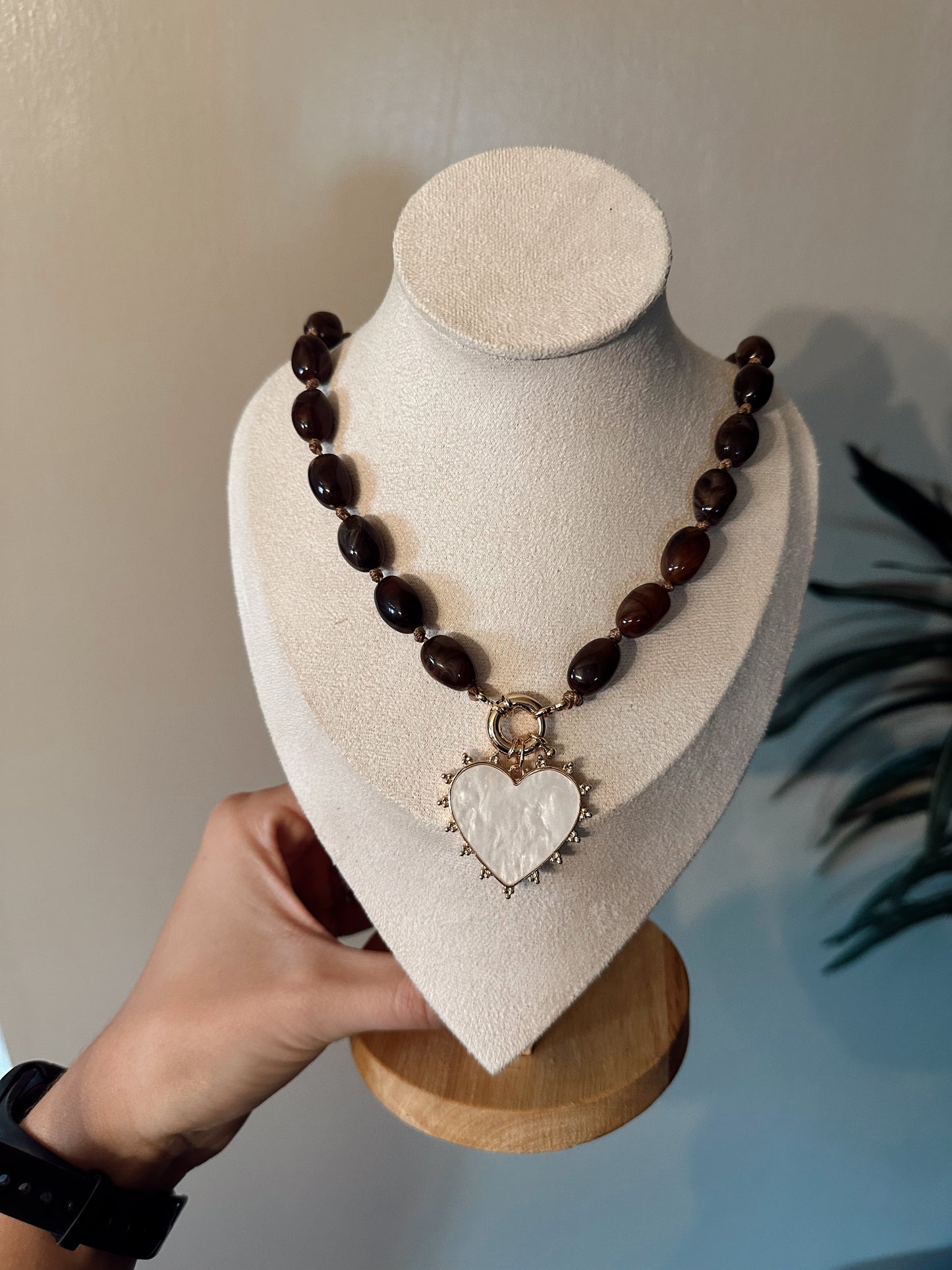 Pearl Heart Pendant Marbled Resin Oval Beaded Necklace: Brown