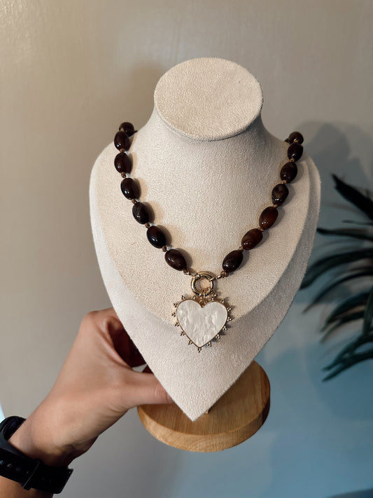Pearl Heart Pendant Marbled Resin Oval Beaded Necklace: Brown