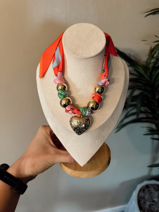 Gold Dipped Puffy Textured Heart Charm Scarf Necklace