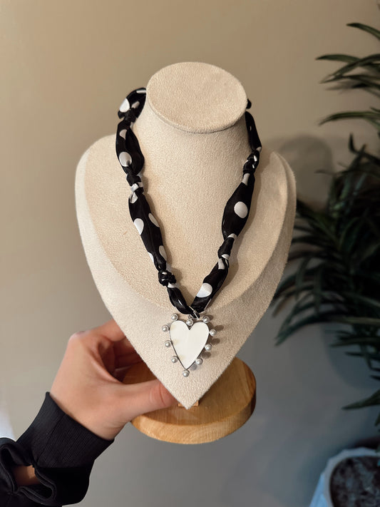 Pearl Heart Silver Charm Bandana Polka Dot Necklace : Black/White